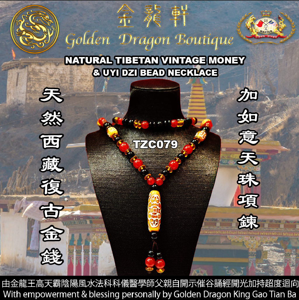 NATURAL TIBETAN VINTAGE MONEY & RUYI DZI BEAD NECKLACE/天然西藏復古金錢加如意天珠項鍊