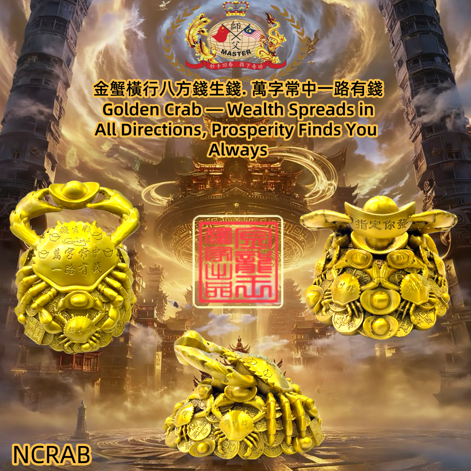 金蟹橫行八方錢生錢，萬字常中一路有錢 Golden Crab = Wealth Spreads in All Directions, Prosperity Finds You Alwavs